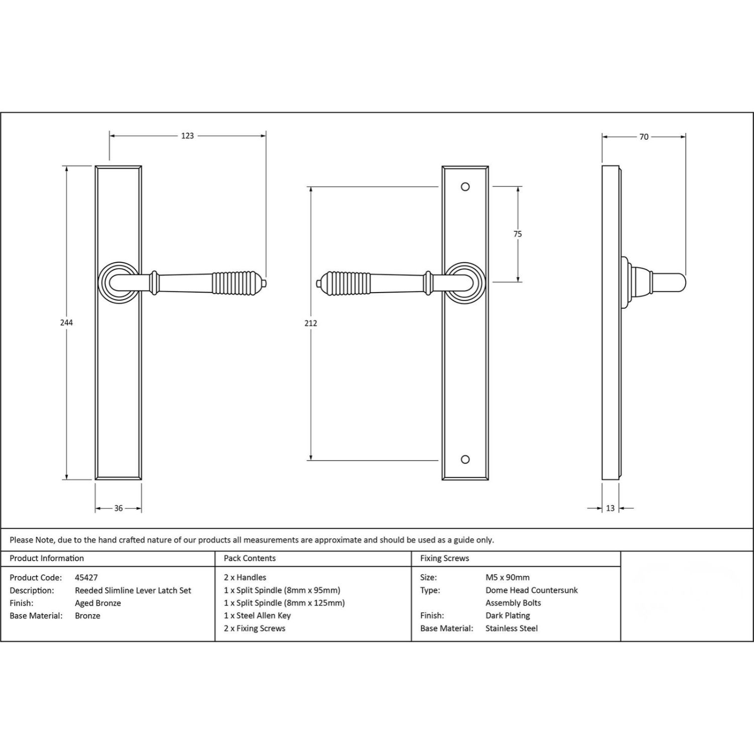 Reeded Slimline Lever Espagnolette Door Latch - Aged Bronze