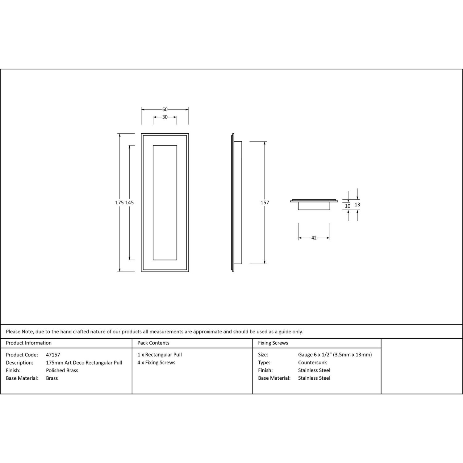 175mm Art Deco Rectangular Flush Pull Handle - Polished Brass
