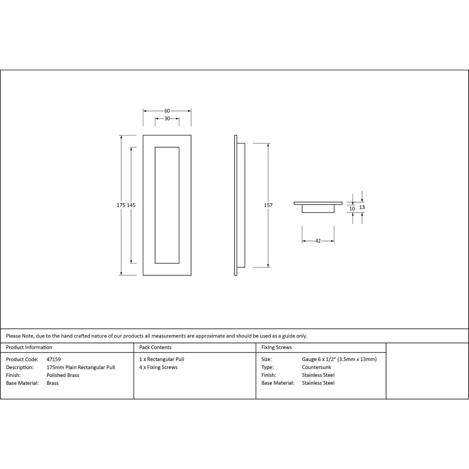 175mm Plain Rectangular Flush Pull Handle - Polished Brass