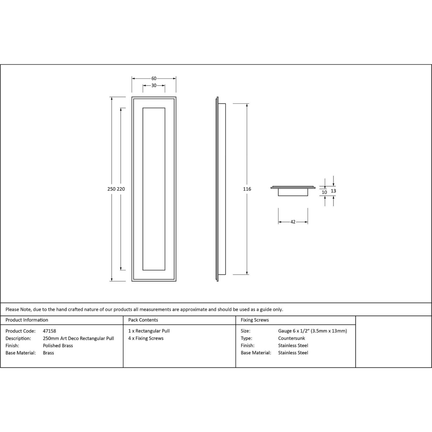 250mm Art Deco Rectangular Flush Pull Handle - Polished Brass