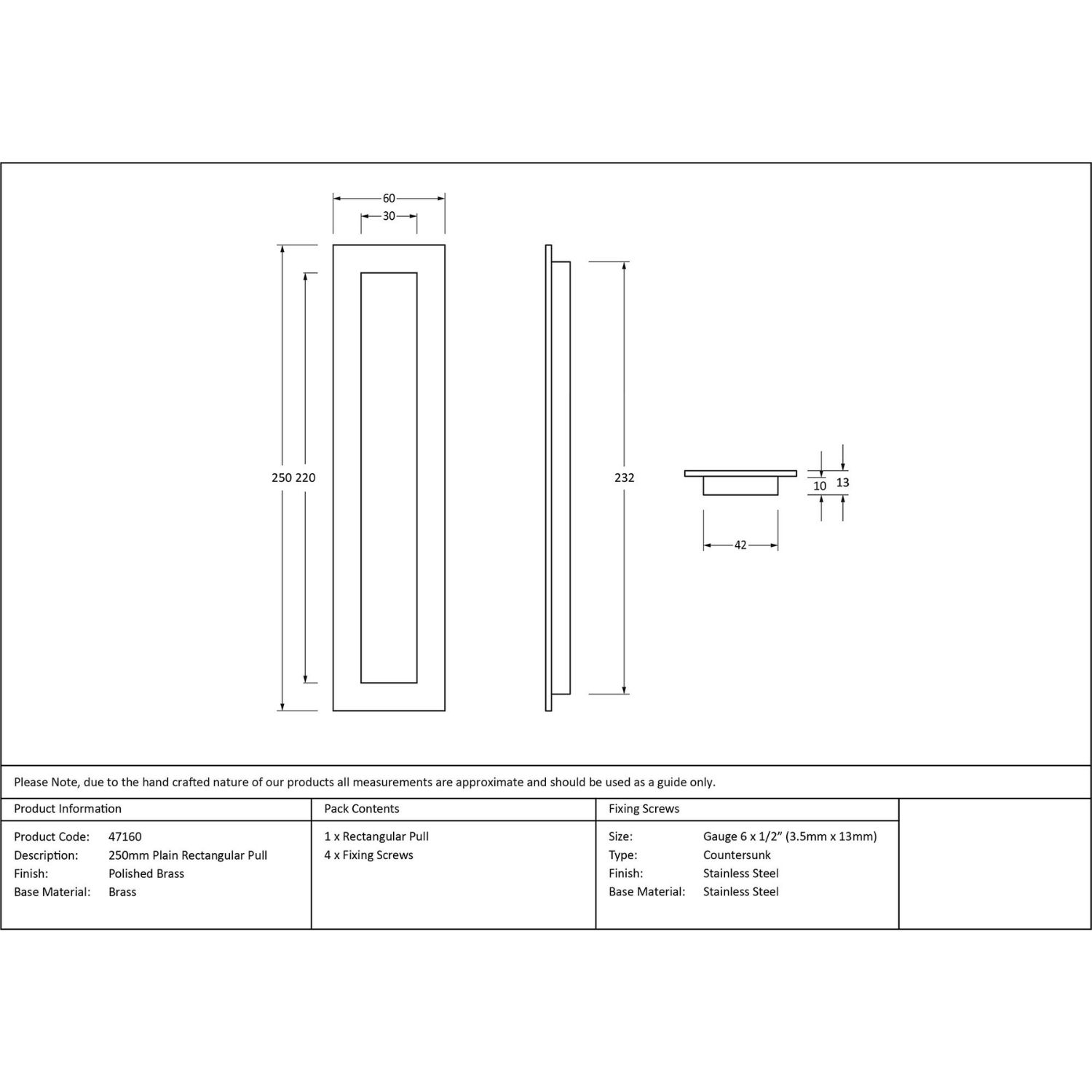 250mm Plain Rectangular Flush Pull Handle - Polished Brass