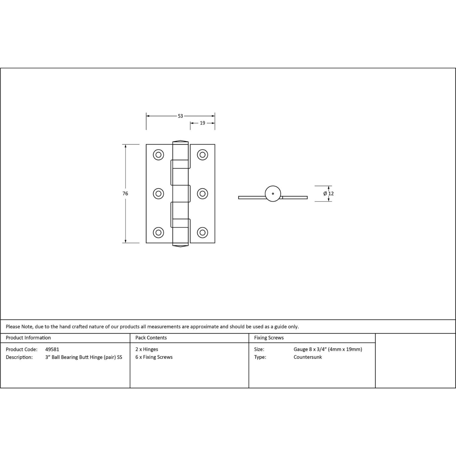 3" Stainless Steel Ball Bearing Butt Hinges (Pair) - Polished Nickel