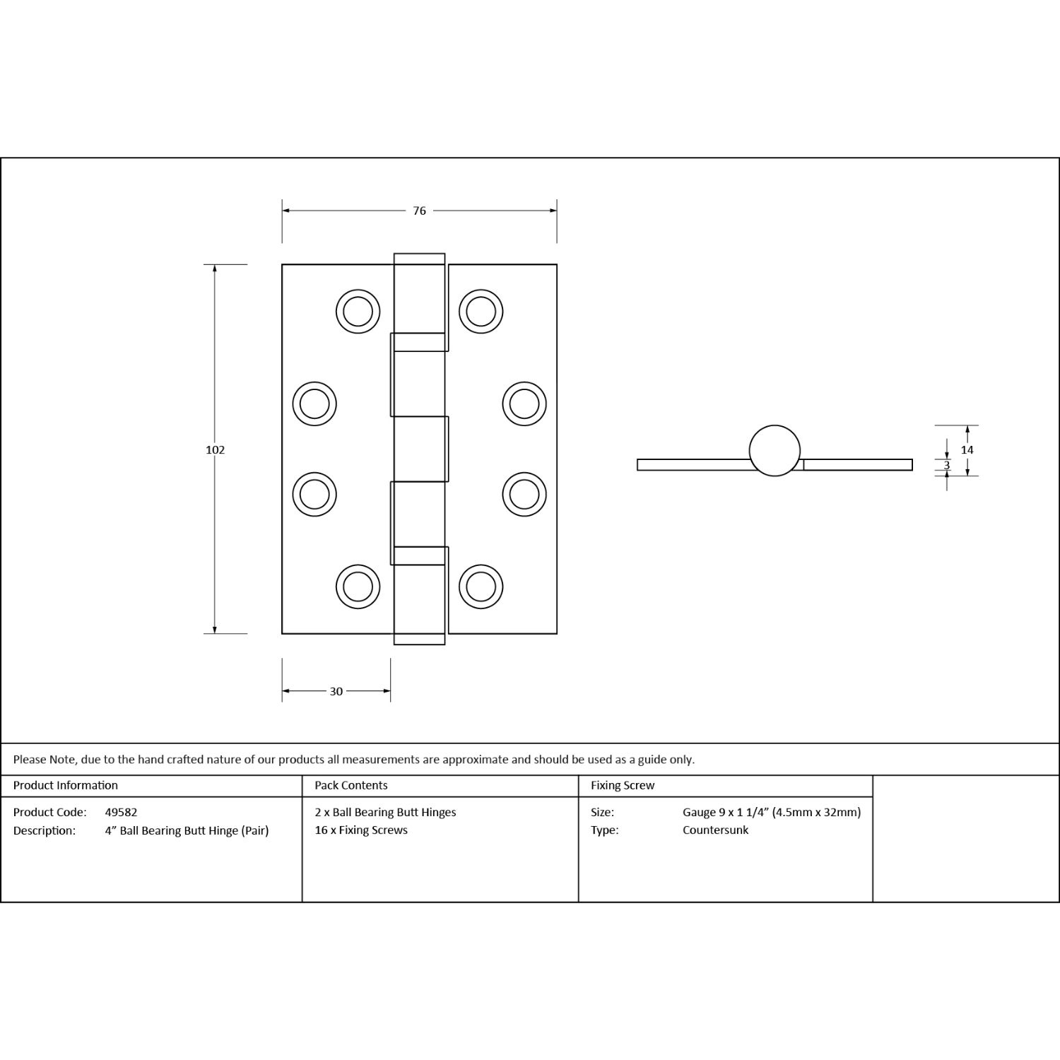 4" Stainless Steel Ball Bearing Butt Hinges (Pair) - Polished Chrome