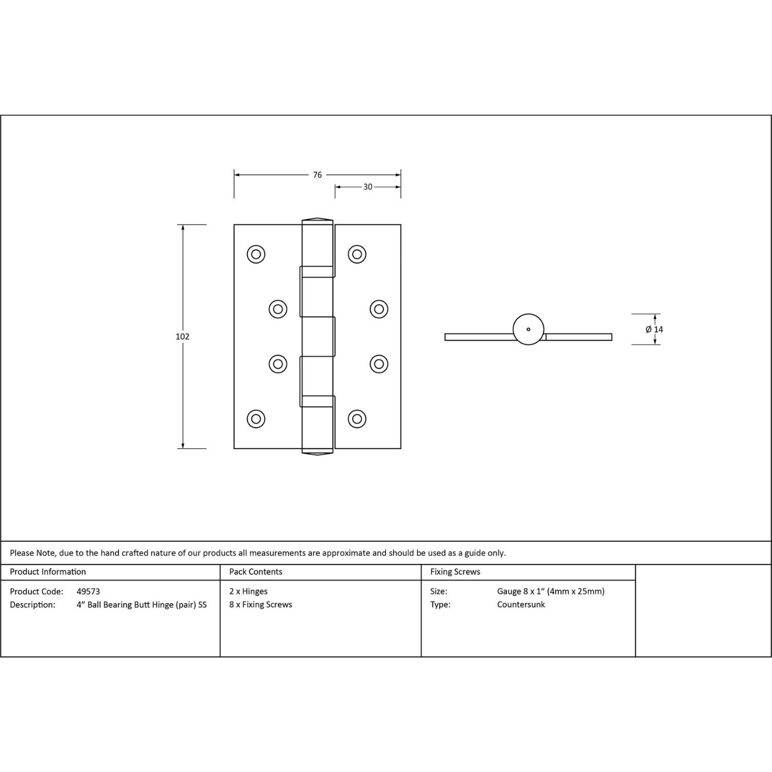 4" Stainless Steel Ball Bearing Butt Hinges (Pair) - Polished Brass