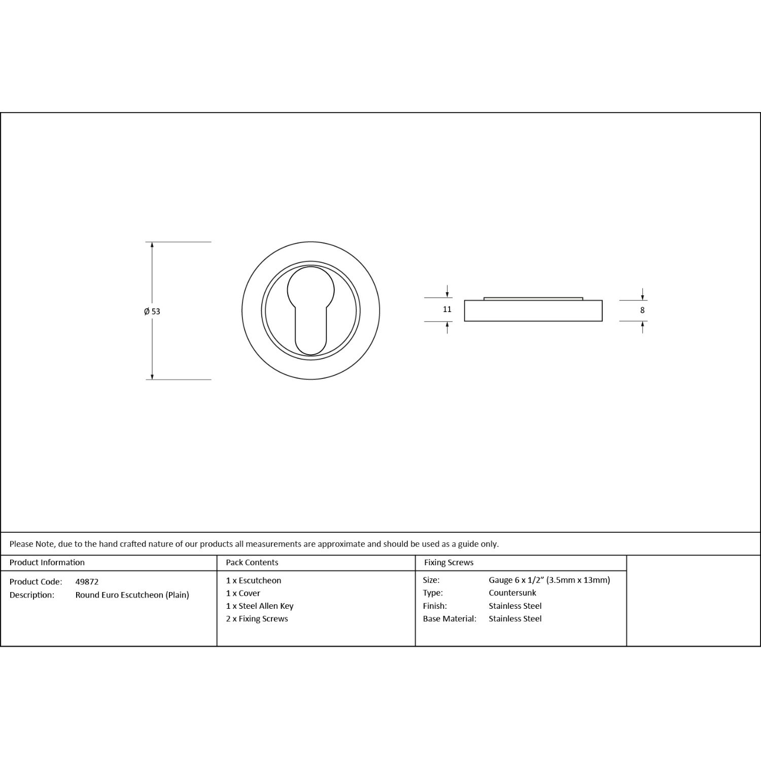 Beehive Concealed Euro Keyhole Escutcheon - Polished Stainless Steel