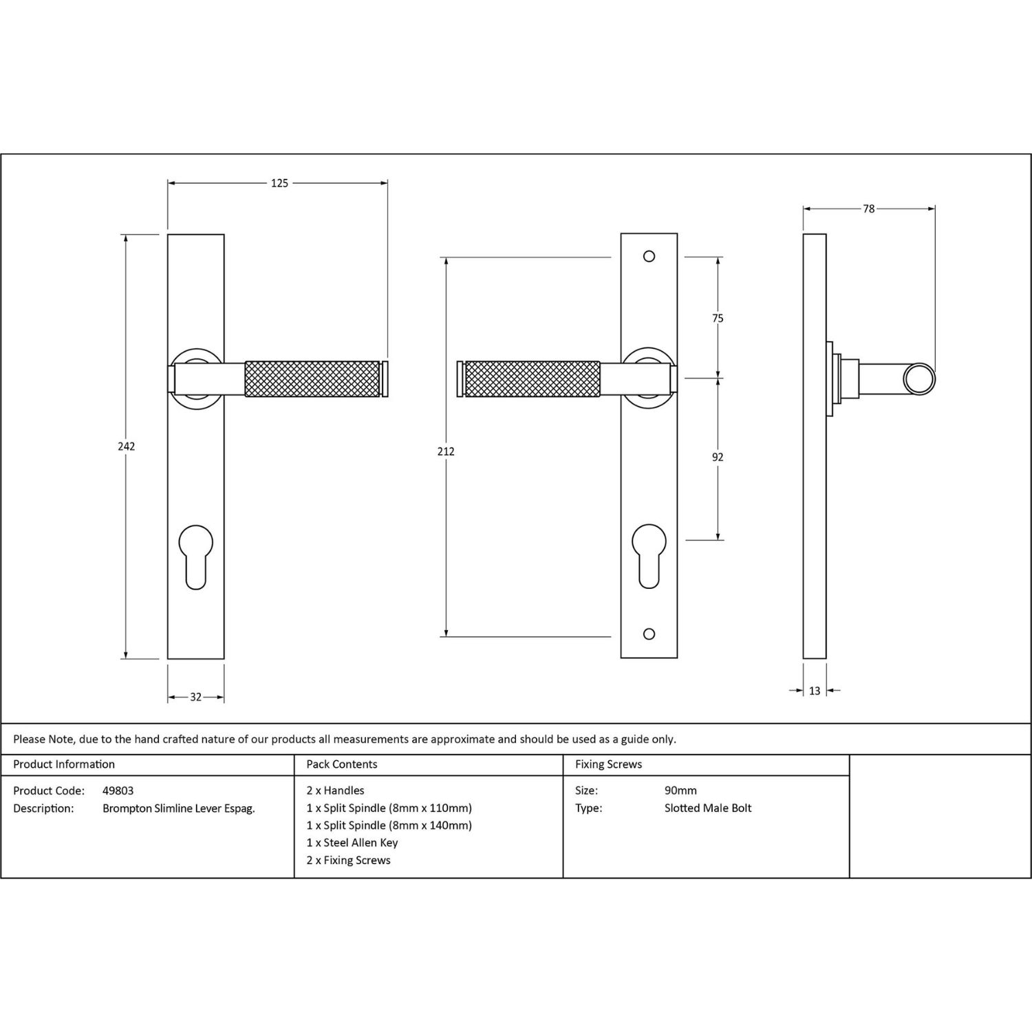 Knurled Slimline Lever Espagnolette Door Handle Set - Polished Stainless Steel
