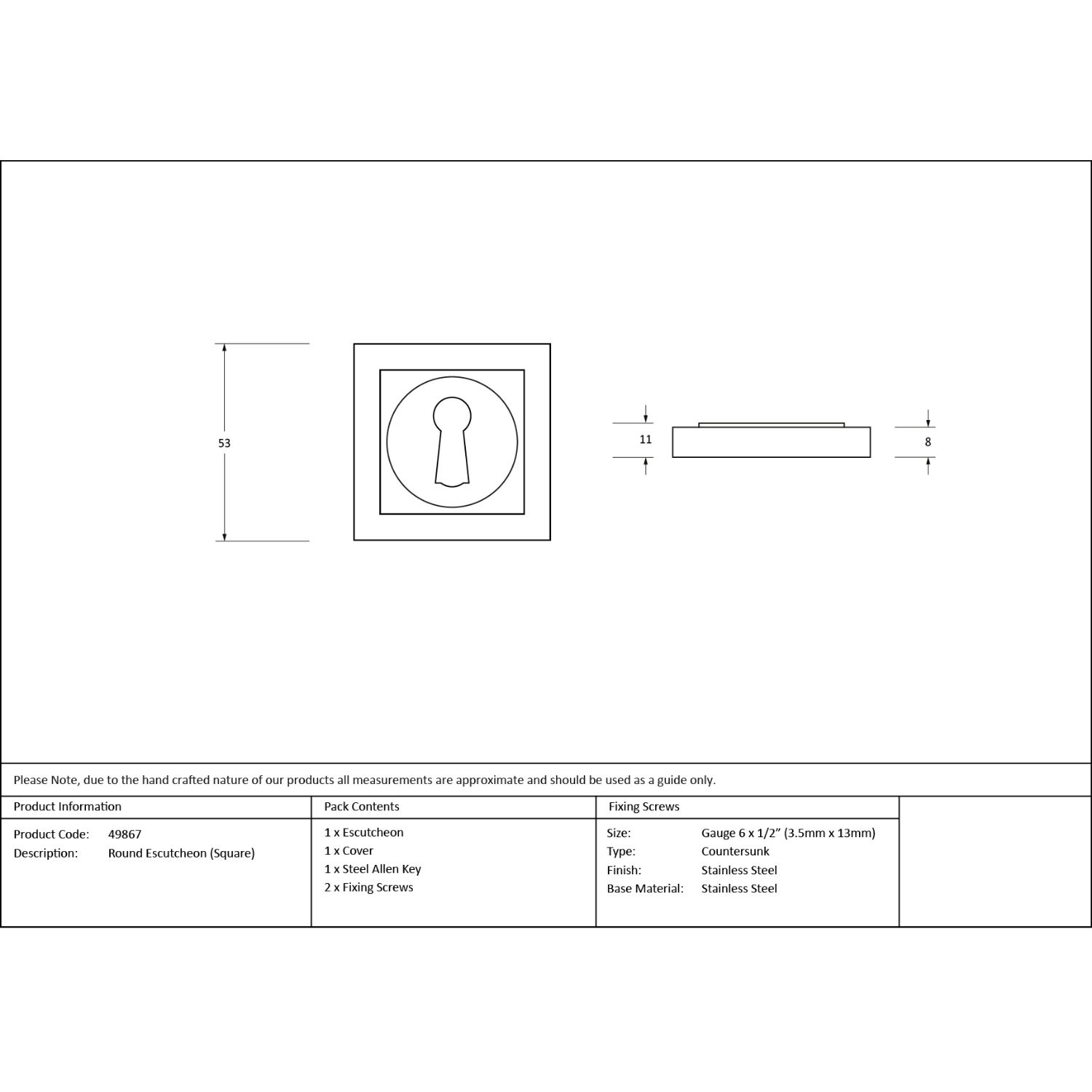 Square Concealed Euro Keyhole Escutcheon - Satin Stainless Steel