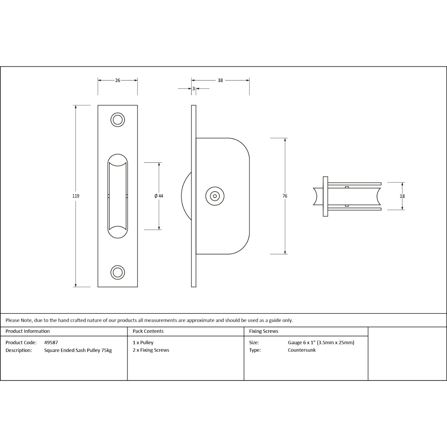 Square Ended Sash Window Pulley (75kg) - Polished Brass