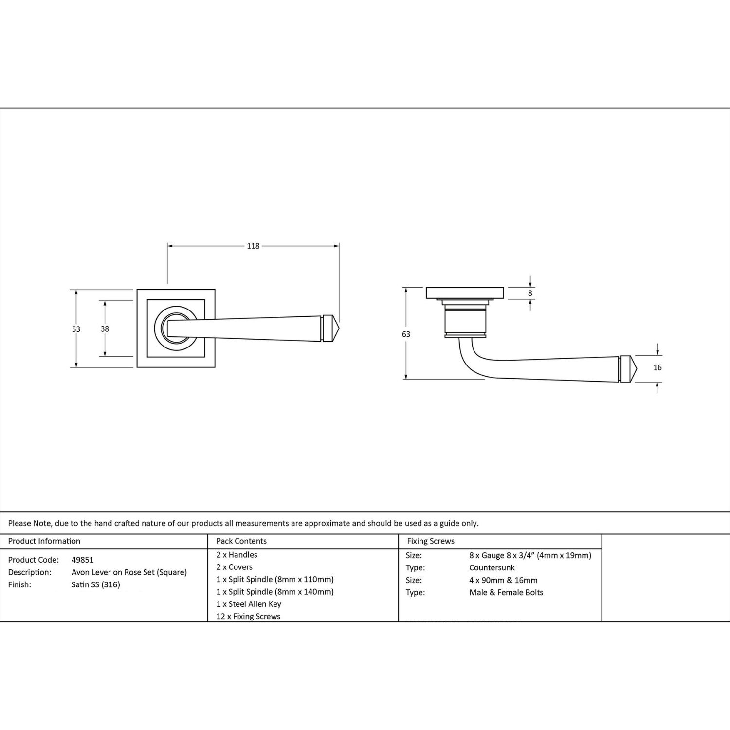 Valen Tapered Sprung Handle Set on a Square Rose - Satin Stainless Steel