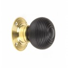 Ebony Beehive Door Knob Set With Polished Brass Roses
