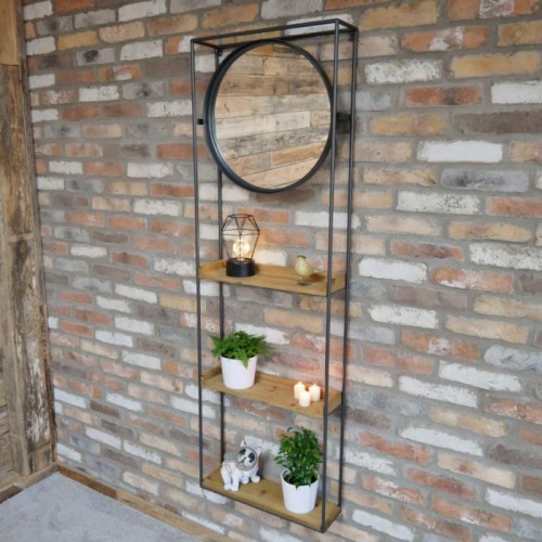 Industrial Fir Wood & Metal Wall Unit with Mirror