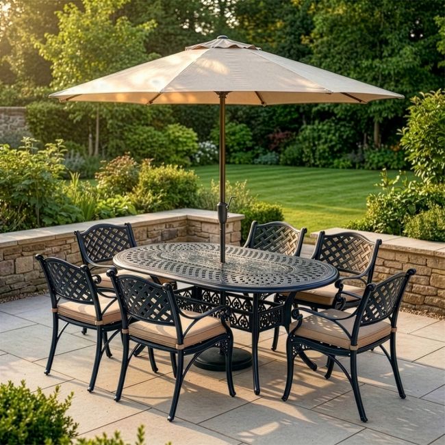 The "Montacute" 6-Seater Garden Dining Set - Midnight Black digital illustration