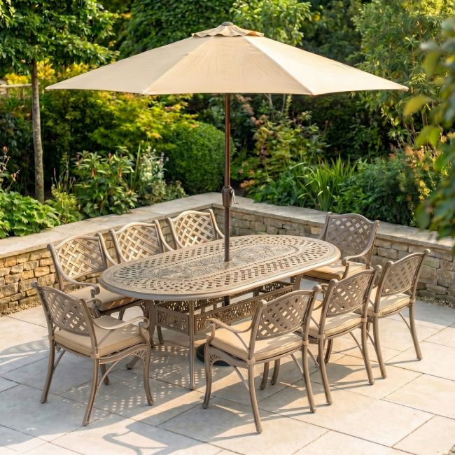 The "Montacute Grand" Outdoor Dining Set - Antique Champagne Digital Illustration