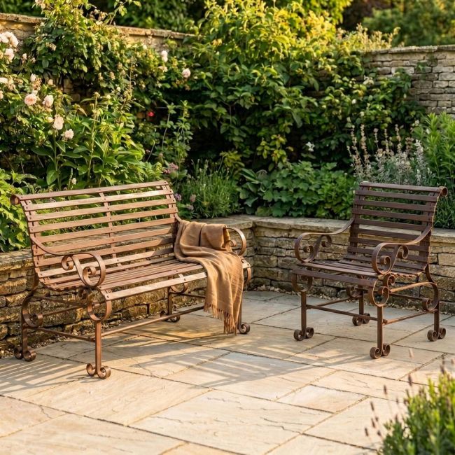 Robust "Chatham" One & Two Seater Park Bench Combo - Rustic Wrought Iron