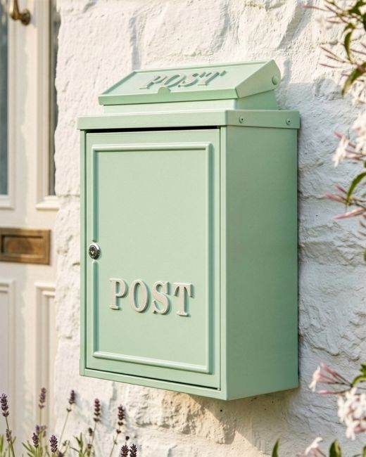 The Mint Green "Oxford" Wall Mounted Post Box with Silver Detail Displayed on the Front of a Modern House - Digital Illustration The Mint Green "Oxford" Wall Mounted Post Box with Silver Detail Displayed on the Front of a Modern House - Digital Illustration