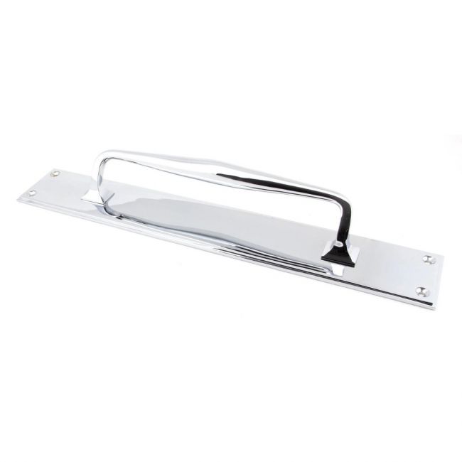 425mm Swelled Grip Door Handle with Backplate in Polished Chrome on a White Background 425mm Swelled Grip Door Handle with Backplate in Polished Chrome on a White Background