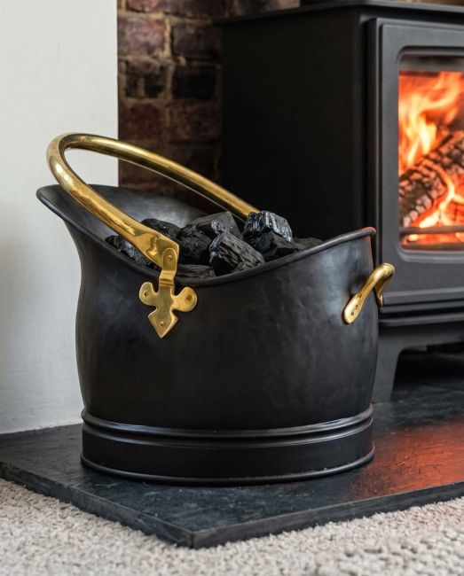 Polished Brass & Black Iron Traditional Coal Bucket - 23.5cm