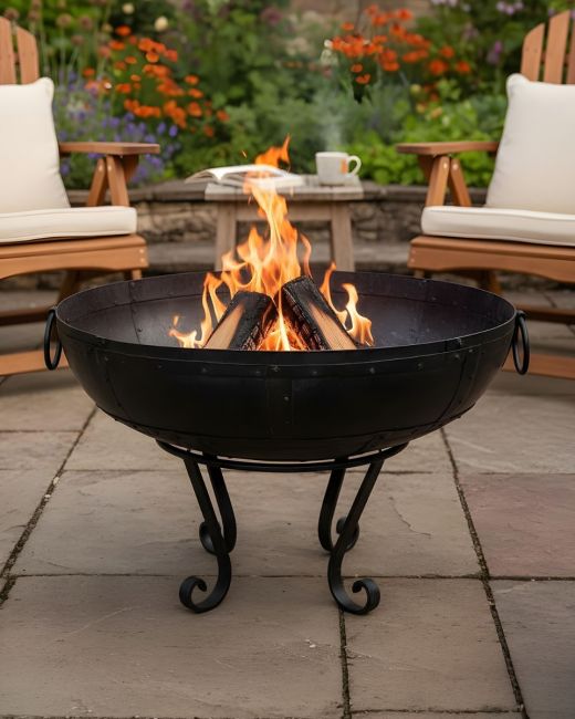 Digital Illustration Of The 80cm Version of the Iron Kadai Fire Bowl Fully Lit on a Garden Patio