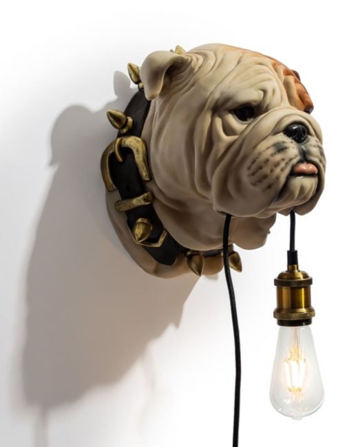 "Bruce" the Bulldog Interior Wall Light Shown from an Angle on a White Background 