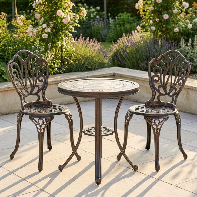 "Charlotte" Ornate Two Chair Bistro Set with Mosaic Tabletop digital illustration