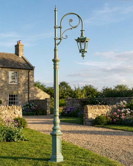 Pale Blue Cast Iron Ornate Swan Neck Lamp Post