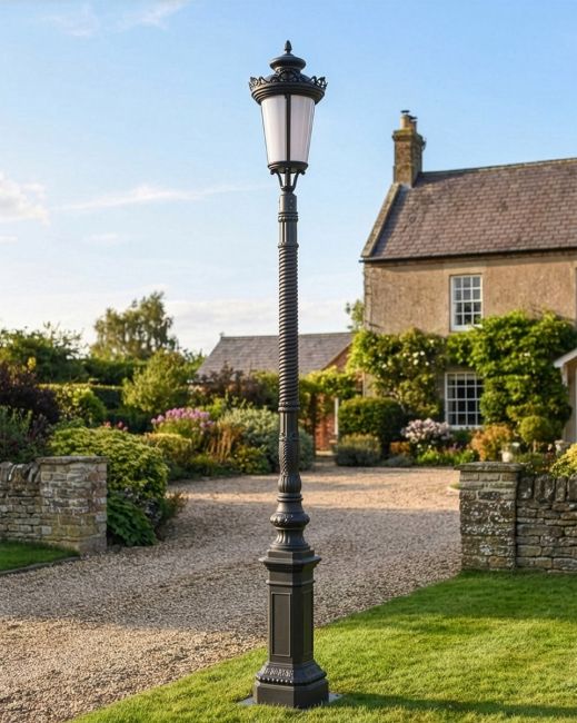 "Longthorpe" 2.6m Black Traditional Lamp Post in Situ