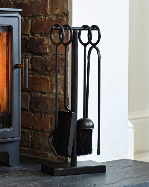 "Middleton" Small Black Cast Iron Companion Set in Situ by a Fireplace "Middleton" Small Black Cast Iron Companion Set in Situ by a Fireplace