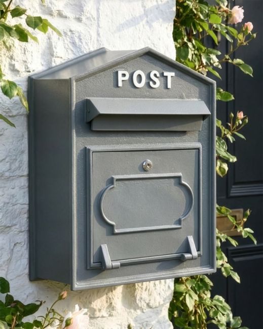 "Osteler Oppulence" Grey Wall Mounted Post Box with White Lettering digital illustration