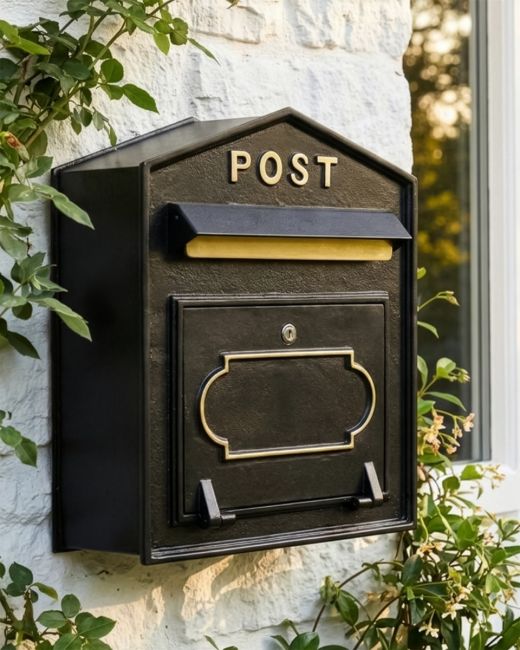 "Osteler Splendour" Black Wall Mounted Post Box with Gold Lettering digital illustration