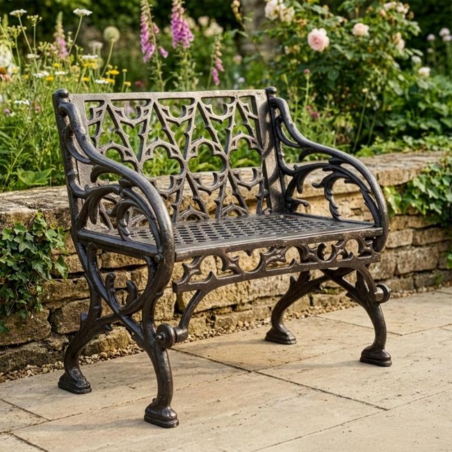 "Quatrefoil" Victorian Cast Iron One Seat Bench Finished in a Black Finish Digital Illustration