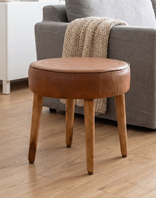 Mango Wood and Dark Brown Goat Leather Stool 
