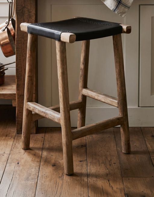 Mango Wood & Black Goat Leather Stool
