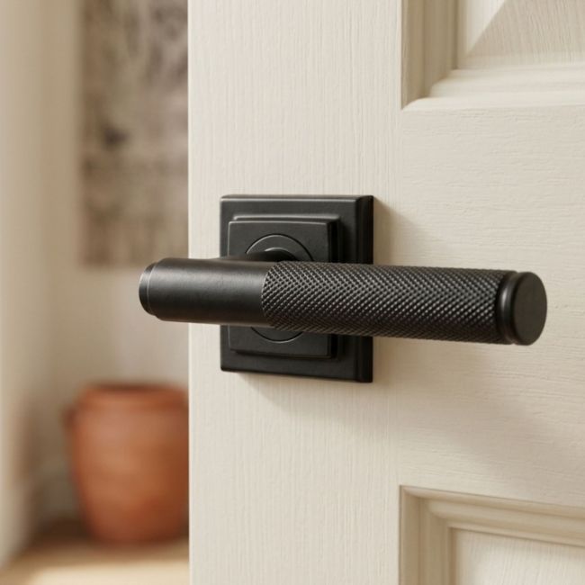 Sleek Black Textured Unsprung Lever Door Handle on Square Rose