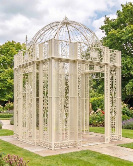 "The Royal Alexandria" Cream Wrought Iron Gazebo in Situ in the Garden "The Royal Alexandria" Cream Wrought Iron Gazebo in Situ in the Garden