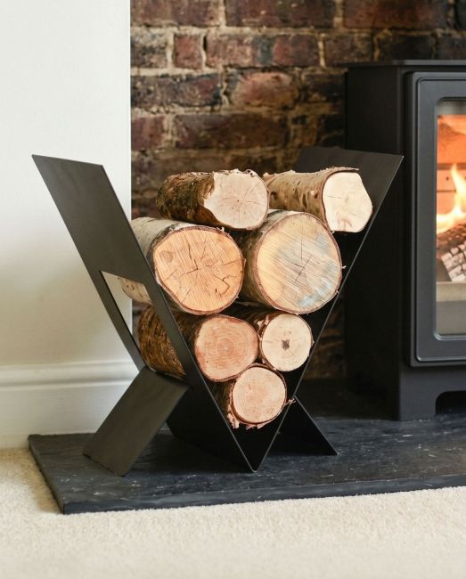 "The Winsford" Contemporary Log Holder In A Fireplace Setting