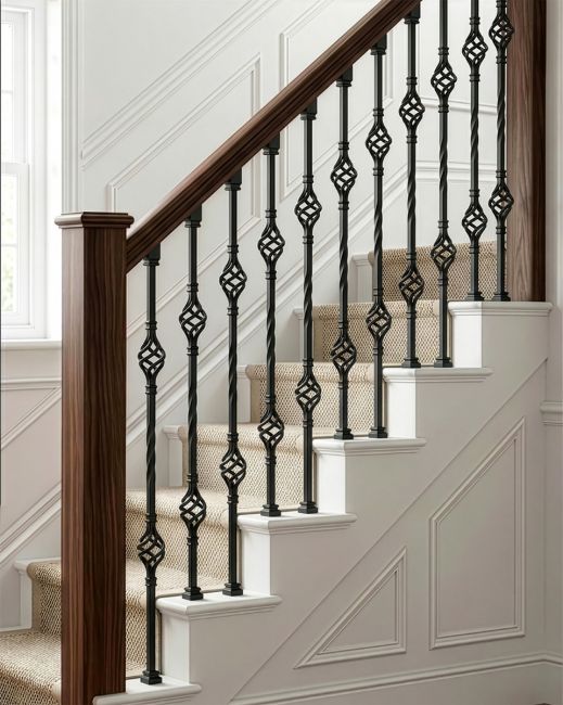 Matt Black Double Basket Stair Spindle in Situ on a Staircase