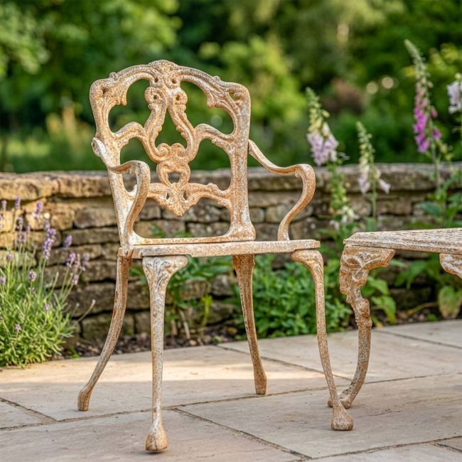 Rustic Cream Cast Iron Victorian Chair in Situ Rustic Cream Cast Iron Victorian Chair in Situ