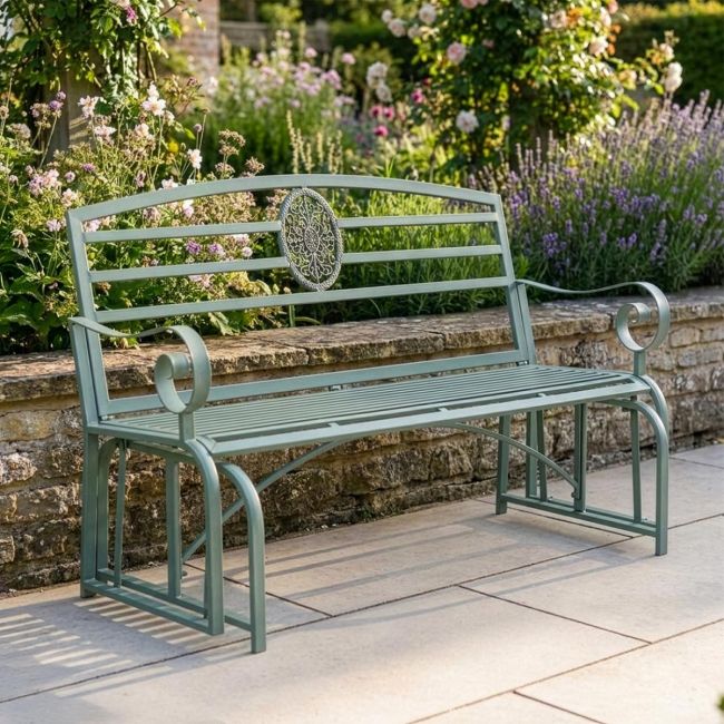 "Arcadia" Garden Rocking Bench Wrought Iron - Sage "Arcadia" Garden Rocking Bench Wrought Iron - Sage