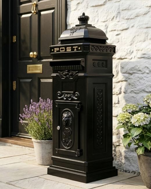 “Blackberry Harvest” Black Camden Deluxe Free Standing Post Box digital illustration