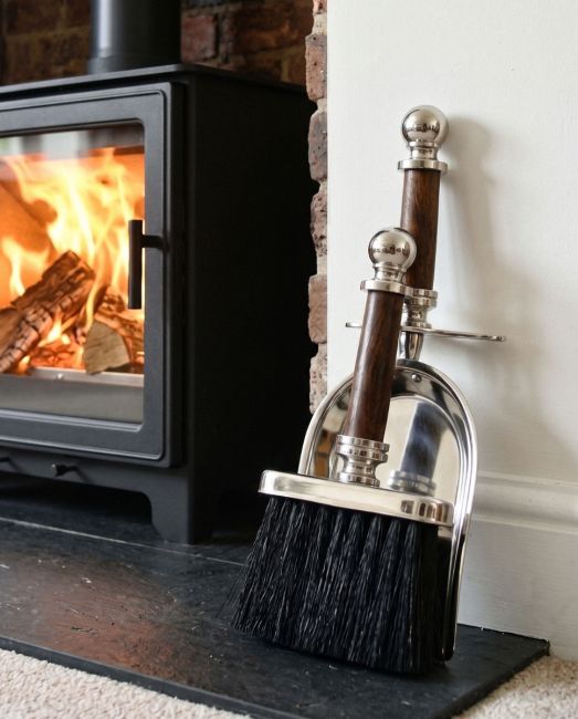 Fireplace cleaning set, finished in chrome & hardwood