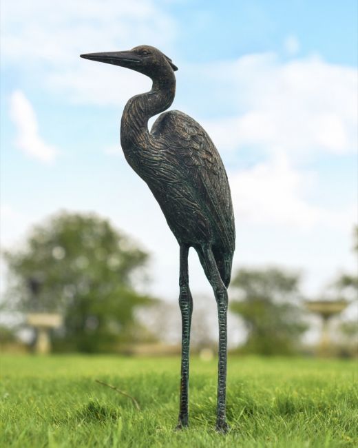 "Caspian" the Heron Cast Aluminium Garden Sculpture on a Garden lawn