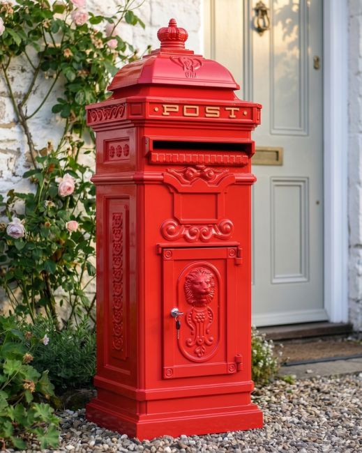 “Cherrywood Blush” Deluxe Red Camden Free Standing Post Box digital illustration copy
