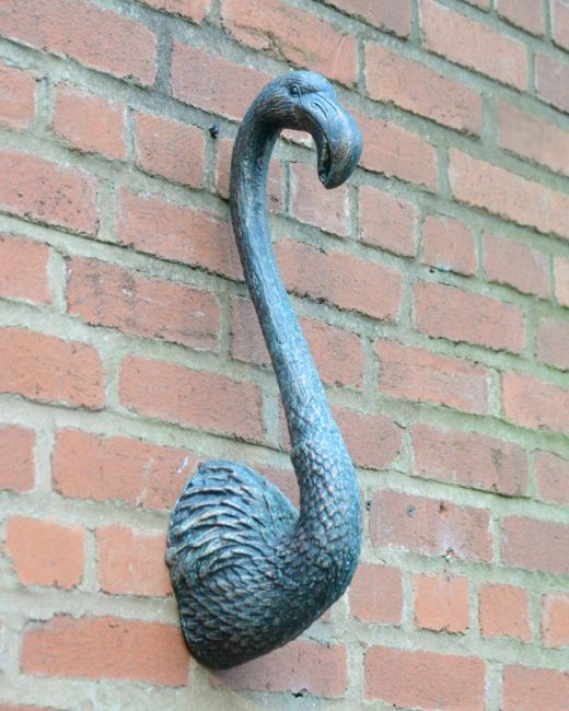"Coral" Flamingo Wall Art in Cast aluminium - Verdigris on brick wall