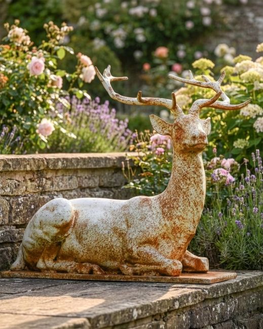 "Elkin" Rustic Cream Cast Iron Stag Sculpture - Facing Right Digital Illustration