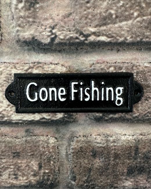 "Gone Fishing" Traditional Cast Iron Wall Sign in black and white