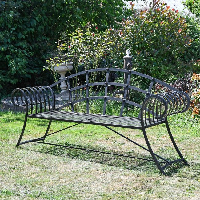 “Hampton Bridge” Wrought Iron Chaise Garden Bench Finished in Black