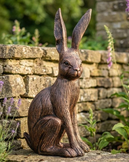 Digital illustration of a bronze and copper "Hunter" the Hare Cast Aluminium Garden Sculpture in front of a garden patio Digital illustration of a bronze and copper "Hunter" the Hare Cast Aluminium Garden Sculpture in front of a garden patio