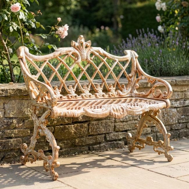 "Izora" Rustic Champagne Victorian Cast Iron Garden Bench