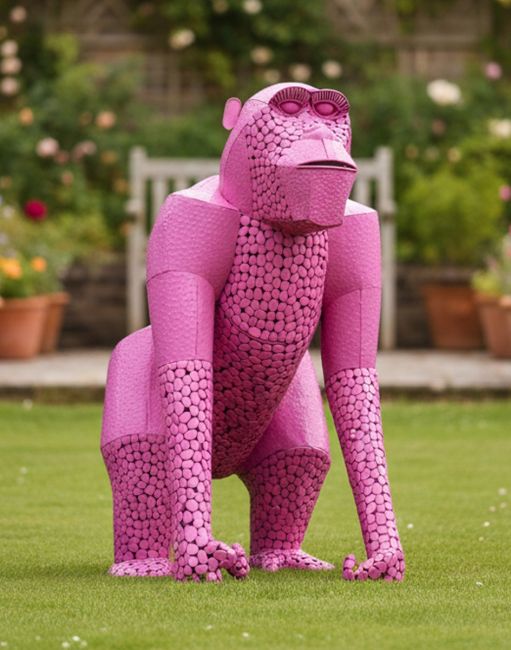 “Lord Greystoke” Stunning Silverback Gorilla Sculpture in Pink in a Flowery Garden Digital Illustration 