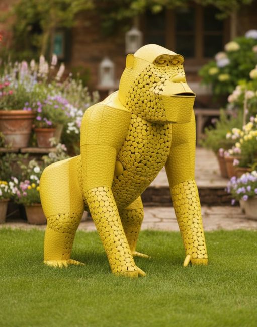 “Lord Greystoke” Stunning Silverback Gorilla Sculpture in Yellow in a Flowery Garden Digital Illustration 